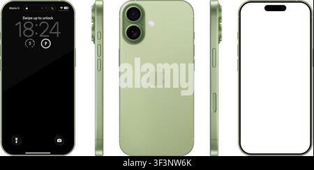 Modello fotorealistico dettagliato di Apple Iphone 17 Sage. Viste frontale, posteriore e laterale isolate su sfondo trasparente. PNG vettoriale editoriale Illustrazione Vettoriale