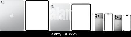 Mockup fotorealistico dettagliato Apple iPad Pro M5 11, 13 pollici 2025 Argento con Pencil Pro e iPhone Pro, Pro Max Argento. Dimensioni reali. Anteriore e Illustrazione Vettoriale