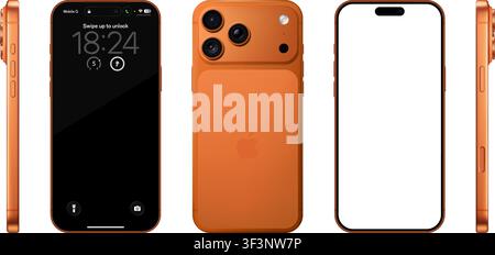 Modello fotorealistico dettagliato Apple Iphone 17 Pro Max Cosmic Orange. Viste frontale, posteriore e laterale isolate su sfondo trasparente. Dimensioni reali. Illustrazione Vettoriale