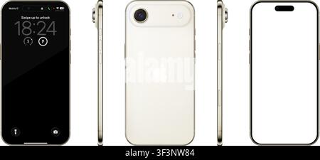 Modello fotorealistico dettagliato Apple Iphone 17 Air Oro chiaro. Viste frontale, posteriore e laterale isolate su sfondo trasparente. PNG vettoriale editoriale Illustrazione Vettoriale