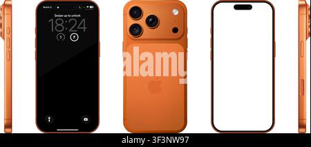 Modello fotorealistico dettagliato di Apple Iphone 17 Pro Cosmic Orange. Viste frontale, posteriore e laterale isolate su sfondo trasparente. Dimensioni reali. Vettore Illustrazione Vettoriale