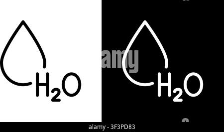 Goccia d'acqua con set di icone della formula chimica H2O. Idratazione, purezza e raccolta di simboli per il risparmio idrico. Consapevolezza ambientale. Modificabile Illustrazione Vettoriale