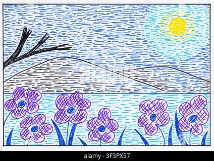 Disegno a mano di un paesaggio di fiori selvatici viola in uno stile di arte lineare disegnato a mano con fiori in fiore, montagne lontane e una luna luminosa Foto Stock