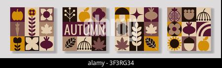 Set di quattro carte quadrate a tema autunnale con layout geometrico e icone minimaliste di zucca, mela, fungo, foglie, ghianda e melagrana. Illustrazione Vettoriale