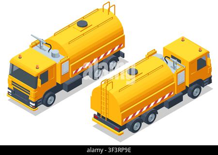 Illustrazione isometrica di due camion cisterna gialli mostrati da davanti e dietro, con grandi serbatoi, attrezzature per la spruzzatura e servizi comunali Illustrazione Vettoriale