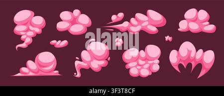 Fumo rosa cartone animato. Nuvola esplosione di vento anime polvere, gas d'amore fumetto boom potenza velocità nebbia energia movimento schizzo tempesta bolla effetto scarico set illustrazione vettoriale qualitativa opera originale Illustrazione Vettoriale