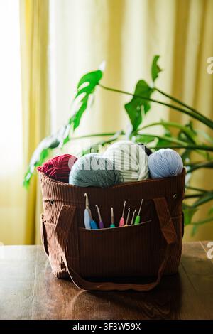 Borsa in crochet marrone riempita con palline di lana colorate e uncini per uncinetto su un tavolo di legno vicino a una finestra soleggiata, con foglie di piante d'appartamento verdi sullo sfondo Foto Stock