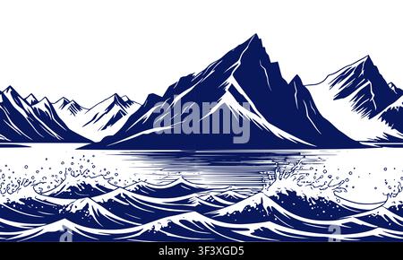 Onde del mare o dell'oceano, montagne all'orizzonte, motivo orizzontale senza cuciture. Illustrazione vettoriale. Il bordo è evidenziato su sfondo bianco. Frutti di mare Illustrazione Vettoriale