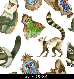 Motivo senza cuciture ad acquerello con scimmie carine. Animali della giungla dipinti a mano, tra cui lemure e mandrillo. Motivo di fauna tropicale per la stampa su Foto Stock