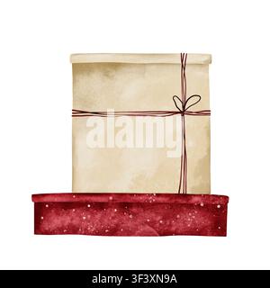 Illustrazione ad acquerello di una scatola regalo in stile vintage antica avvolta in un cordone rosso. Regalo di Natale rosso disegnato a mano. Per disegni festivi per Natale o Capodanno Foto Stock