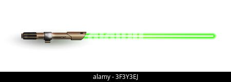Nuovo design realistico di spada neon verde a forma di fiamma isolata su sfondo bianco. Arma energetica da combattimento ravvicinato. Illustrazione vettoriale Illustrazione Vettoriale