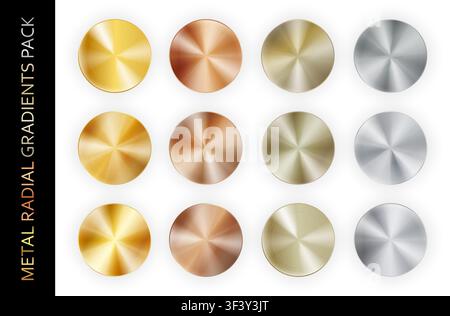 Confezione grande con gradiente radiale realistico in metallo cromato isolato su sfondo bianco con ombre. Oro, bronzo, rame, alluminio, nichel e argento Illustrazione Vettoriale