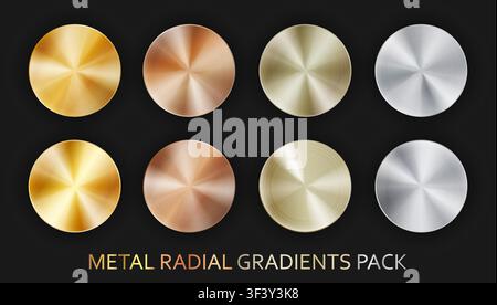 Confezione grande in metallo cromato con sfumatura radiale realistica, isolata su sfondo nero con ombre. Oro, bronzo, rame, alluminio, nichel e argento Illustrazione Vettoriale