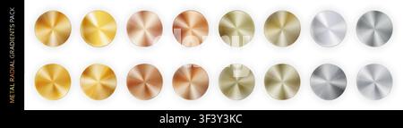 Confezione grande con gradiente radiale realistico in metallo cromato isolato su sfondo bianco con ombre. Oro, bronzo, rame, alluminio, nichel e argento Illustrazione Vettoriale