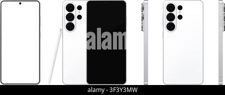 Modello dettagliato di telefono cellulare bianco con attrapola per stilo. Viste frontale, posteriore e laterale isolate su sfondo trasparente. PNG vettoriale Illustrazione Vettoriale