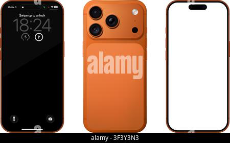 Mockup dettagliato di telefono cellulare arancione. Vista frontale e posteriore isolata su sfondo trasparente. PNG vettoriale Illustrazione Vettoriale