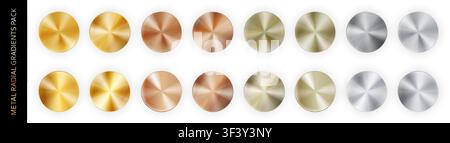 Confezione grande con gradiente radiale realistico in metallo cromato isolato su sfondo bianco con ombre. Oro, bronzo, rame, alluminio, nichel e argento Illustrazione Vettoriale
