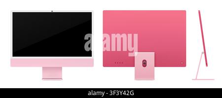 Modello di PC monoblocco moderno rosa dettagliato fotorealistico. Vista frontale, posteriore e laterale isolata su sfondo bianco. Illustrazione vettoriale Illustrazione Vettoriale