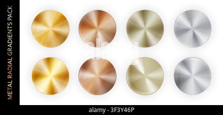 Confezione grande con gradiente radiale realistico in metallo cromato isolato su sfondo bianco con ombre. Oro, bronzo, rame, alluminio, nichel e argento Illustrazione Vettoriale