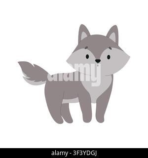 Illustrazione vettoriale di lupo grigio carino. Personaggio di cucciolo di lupo nella foresta in piedi isolato su sfondo bianco. Elemento di clipart di animale del bosco dolce per decorazioni per la cameretta, adesivi, biglietti. Illustrazione Vettoriale