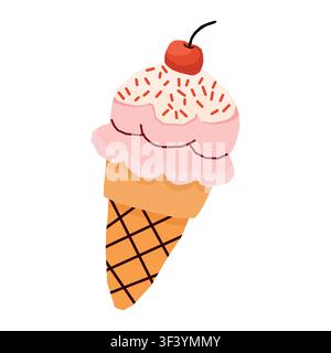 Illustrazione vettoriale a cartone animato di cono gelato carino isolato su sfondo bianco Illustrazione Vettoriale
