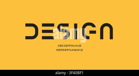 Carattere alfabetico geometrico. Moderne lettere con logo, dentini intagliati. Design tipografico vettoriale minimalista. Dentellatura interna angolata tipo conico per Illustrazione Vettoriale