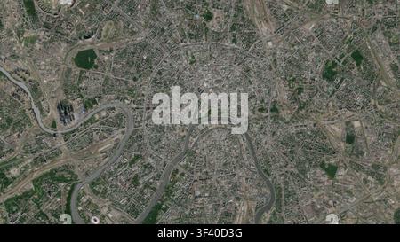 Illustrazione aerea 3D dall’alto di Mosca, Russia, che mostra il suo paesaggio urbano alla luce del primo mattino Foto Stock
