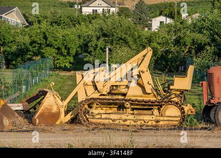 LAKE COUNTRY, COLUMBIA BRITANNICA, CANADA - 07 LUGLIO 2026: Mercato agricolo Gatzke. Caricatore a cingoli giallo vintage e macchine agricole retrò parcheggiate in Foto Stock