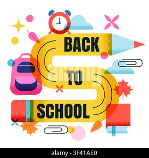 Banner vettoriale piatto geometrico per il ritorno a scuola. Design di poster educativo astratto con matita lunga e sinuosa come cornice di testo, zaino, sveglia, autunno l Illustrazione Vettoriale