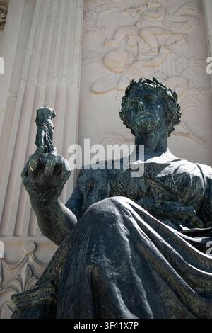 Un potente primo piano dall'alto guarda in su una statua di musa in bronzo seduta alla base di un edificio neoclassico di Madrid. Tiene una piccola figurina in una Foto Stock