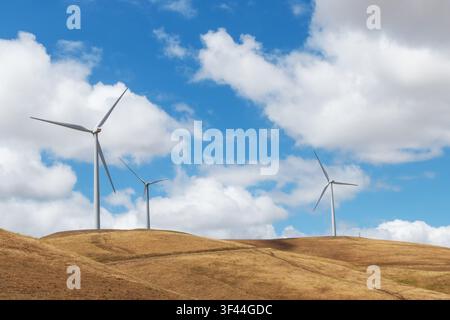 Tre turbine eoliche si ergono su una collina dorata sotto un cielo blu vivace punteggiato di nuvole soffici. Questa scena serena evidenzia il potere delle fonti rinnovabili Foto Stock