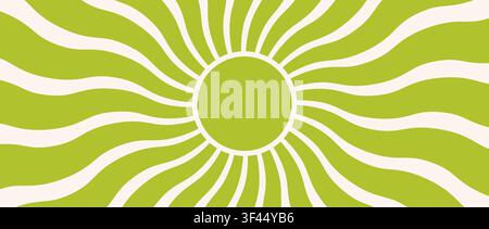 Sfondo groovy verde boho a forma di esplosione solare. Sfondo retrò radiale a raggio di sole. Carta da parati astratta estiva a raggi ondulati. Motivo vettoriale solare circolare vecchio stile per poster alla moda, banner vivace, flyer moderno Illustrazione Vettoriale
