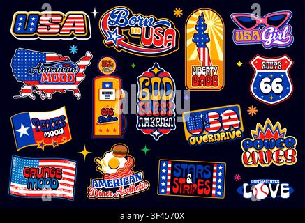 Adesivi retro Y2K USA, etichette patch vintage americane degli Stati Uniti d'America con slogan patriottici, mappe, cibo da diner, Route 66 e celebrazione della cultura, della libertà e dell'orgoglio nazionale statunitensi Illustrazione Vettoriale