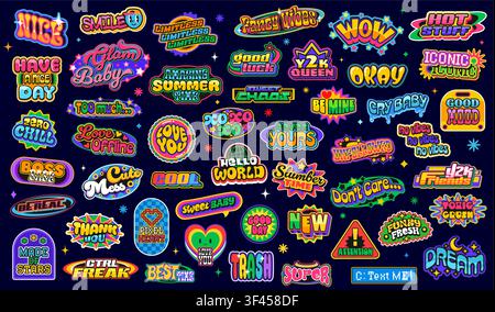 Adesivi retrò Y2K ed etichette patch. Icone vettoriali divertenti e fighe, emoji sorridenti carini, badge a forma di cuore e stella con arte pixel e motivi estetici, fiori groovy Y2K, adesivi arcobaleno e globo Illustrazione Vettoriale