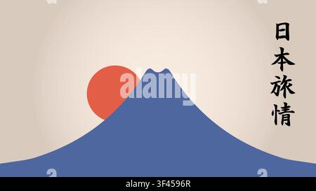 Una vista stilizzata del Monte Fuji e del sole che sorge include la frase giapponese Nihon ryojo che significa l'atmosfera o la sensazione emotiva del viaggiare Illustrazione Vettoriale