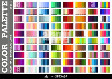 Paletta di colori RGB con numeri di pastello e neon, freschi, neutri e vivaci, bilanciati e caldi. Guida alla palette di colori o grafico dell'armonia con codici colore per combinazioni mix e match Illustrazione Vettoriale