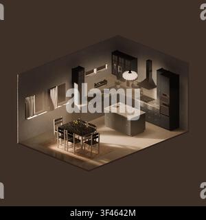 Illustrazione isometrica 3D di un interno moderno di cucina e sala da pranzo con mobili scuri, isola cucina, illuminazione calda e tavolo da pranzo Foto Stock