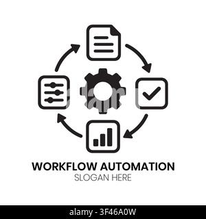 Design del logo di automazione del flusso di lavoro con simboli di revisione dei documenti e monitoraggio dei processi disposti in uno schema circolare del flusso di lavoro aziendale Illustrazione Vettoriale