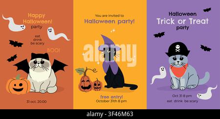 Set di tre modelli di inviti per feste di Halloween con simpatici gatti in costumi da strega, pipistrello e pirata, zucche, fantasmi, pipistrelli e tipografia festiva Illustrazione Vettoriale