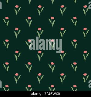Fiori primaverili con petali e foglie strette. Illustrazione ad acquerello. Il motivo floreale senza cuciture è isolato su uno sfondo scuro. Per tessuti Foto Stock