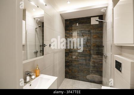 Interno di bagno minimalista moderno con piastrelle leggere e parete della doccia in pietra texture scura. Architettura di servizi di lusso, ristrutturazione domestica contemporanea Foto Stock