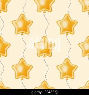 Acquerello luminoso motivo senza cuciture con palloncini a forma di stella dorata. Sfondo delle feste disegnato a mano per compleanno, inviti a feste, design per bambini, Foto Stock