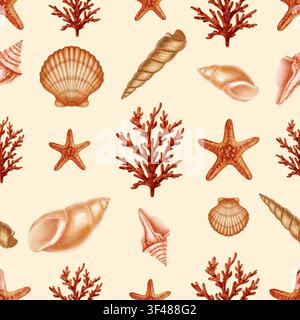 Motivo marino minimalista senza cuciture con conchiglie di vari acquerelli, coralli arancioni e stelle marine. Temi per bambini, nautica, viaggi. Adatto Foto Stock