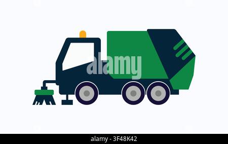 Camion spazzino verde e blu scuro per i servizi di pulizia urbana Illustrazione Vettoriale