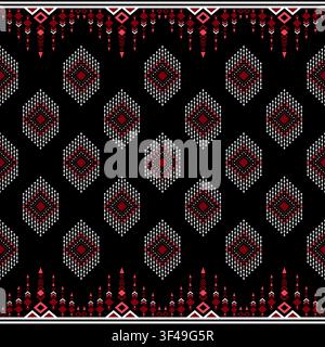modello vettoriale senza cuciture motivi geometrici etnici tribali monocromatico scala di grigi rosso bianco nero design varietà forme triangoli frecce simmetrico verti Illustrazione Vettoriale
