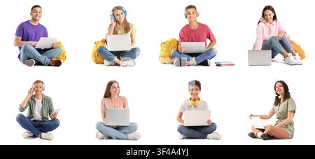Gruppo diversificato di giovani studenti e adolescenti che utilizzano laptop e tablet per l'istruzione online e l'apprendimento a distanza Foto Stock