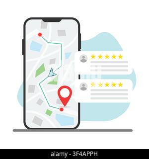 Illustrazione vettoriale di una mappa mobile con navigazione GPS, spilla della destinazione e valutazioni dei commenti dei clienti, ideale per la scoperta di aziende locali, viaggi e Illustrazione Vettoriale