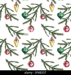 Modello senza cuciture natalizio di rami di abete e decorazioni per alberi di Natale. Illustrazione acquerellata disegnata a mano. Per confezioni natalizie, festività stagionali Foto Stock