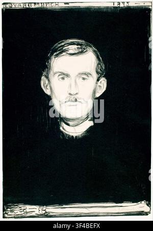 Munch. Autoritratto con braccio scheletrico, stampa litografica del pittore norvegese Edvard Munch (1863-1944), 1895 Foto Stock
