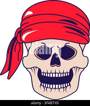 Teschio ridente avvizzito con sciarpa rossa pirata indossata sulla testa. Zombie con copricapo per il design di un'illustrazione cartonesca. Vettore di cranio scheletrico in cartone animato Illustrazione Vettoriale